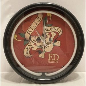 Ed Hardy Love Kills Slowly 11.75” Diameter Round Clock Lighted Tested READ